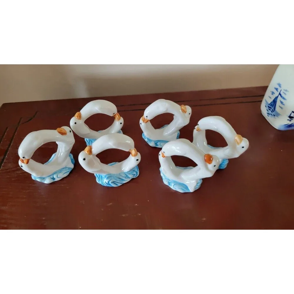 White Dolphin Ceramic Napkin Rings Holders Coastal Set of 6